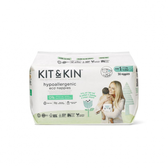 Kit and Kin, Biologicky rozložiteľné jednorazové plienky 1 Mini (2-5kg), Ovečka / Sova, 40 ks.