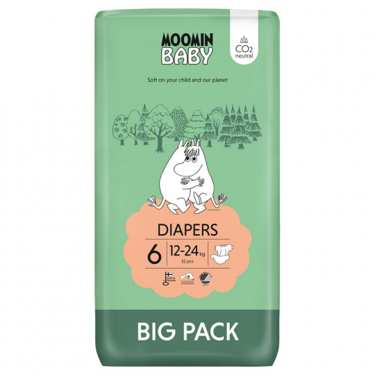 MOOMIN Baby, Plienky 6 JUNIOR (12-24kg), 51 ks. EKO VEĽKÉ BALENIE