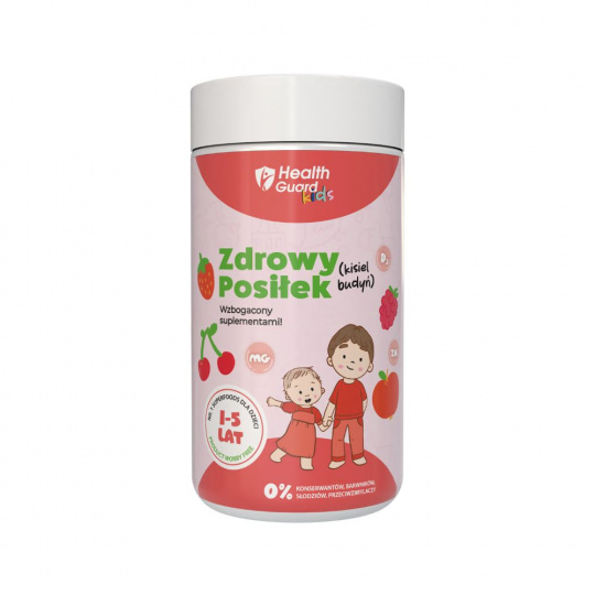 Health Guard Kids: Zdravá strava - obohatená o doplnky - JAHODA, 500g, želé/puding, (zloženie: KUZU, SUPERFOODS, VITAMÍN D3, HORČÍK, ZINOK)