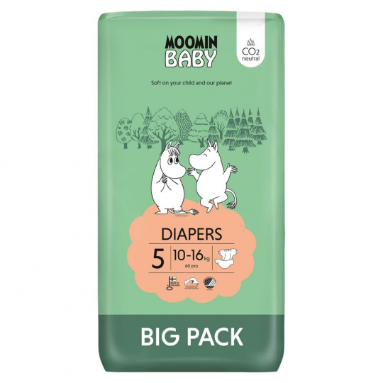 MOOMIN Baby, 5 MAXI plienok (10-16kg), 60 ks. EKO VEĽKÉ BALENIE